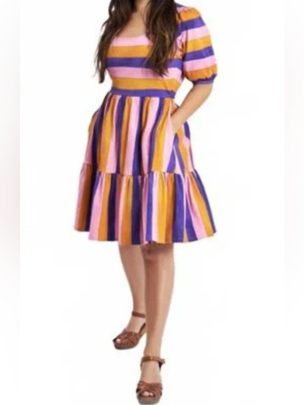 Sunny Side Up Sz M Striped Puff-Sleeve Tiered Dress in Pink, Purple & Mustard